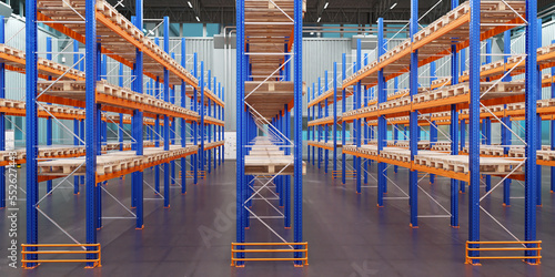 Distribution warehouse with high shelves. Lighting warehouse racks with wooden pallets..Panorama of the premises of the warehouse with shelves. 3d image