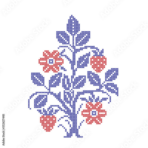 Embroidered cross-stitch pattern with strawberry plant