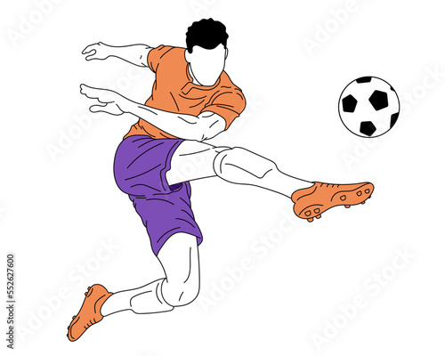 Vector illustration with male football, soccer player training, playing isolated over white background. Kicking ball in a jump