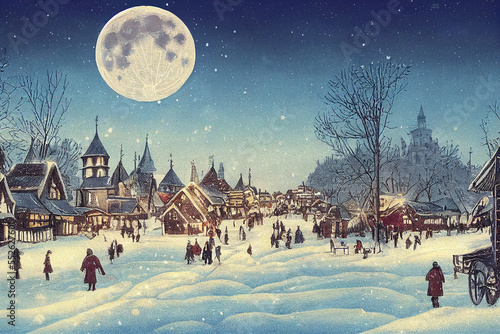 Christmas village with huge moon in vintage style. Winter Village Landscape