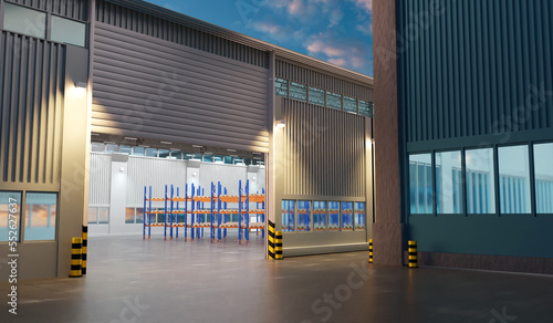 Industrial district of the city. Angar with an open gate of the warehouse. The facade of industrial buildings. A complex of buildings for a logistics business. 3d image