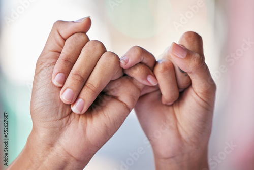 Women, hands or pinky finger promise in trust, support or security for community, solidarity or success deal. Zoom, friends or people in empathy, teamwork or collaboration for secrets, gossip or news