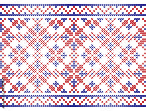 Embroidered cross-stitch floral geometric seamless border pattern. Vector illustration