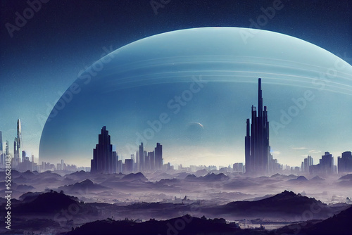 city on an alien planet  extraterrestrial buildings in beautiful landscape