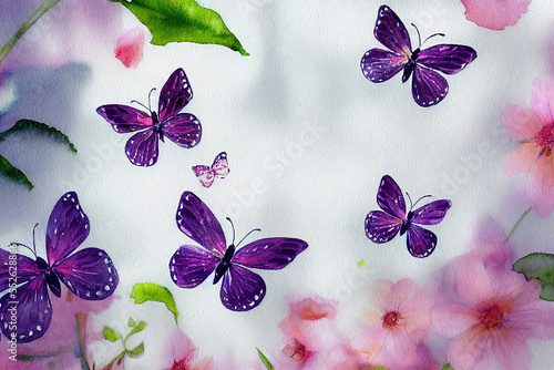 cute whimsical butterflies and blossoms collection on white background with margins, watercolor
