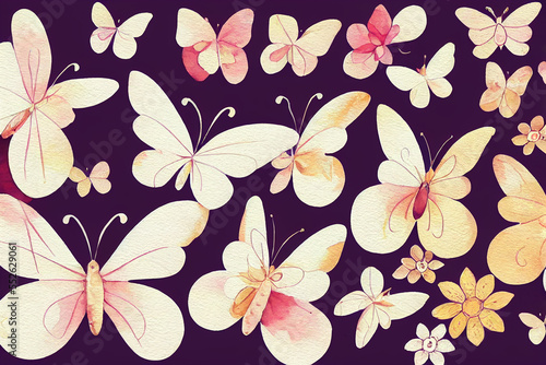 cute whimsical butterflies and blossoms collection on white background with margins, watercolor © rufous