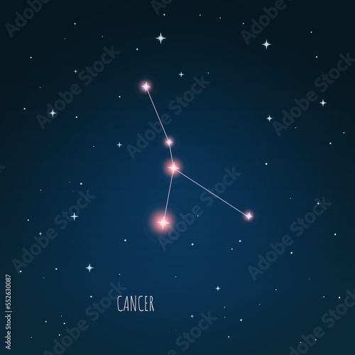 Constellation Cancer scheme in starry sky. Open space. Vector illustration Cancer Zodiac sign constellation  through a telescope.