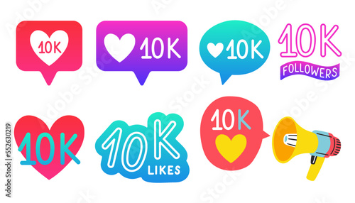 10000 followers vector set 10k celebration. Ten thousands subscribers followers set.