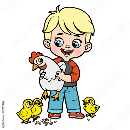 Cute cartoon boy holding a hen in hands surrounded by chickens color variation for coloring page on white background
