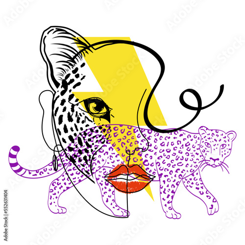 T-shirt design of a cubist female face with a leopard head isolated on white 
