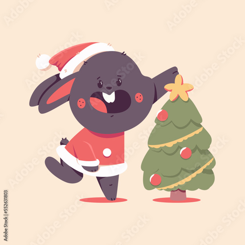 Cute black rabbit in Santa Claus costume with decorated Christmas tree vector cartoon funny animal character isolated on background. photo