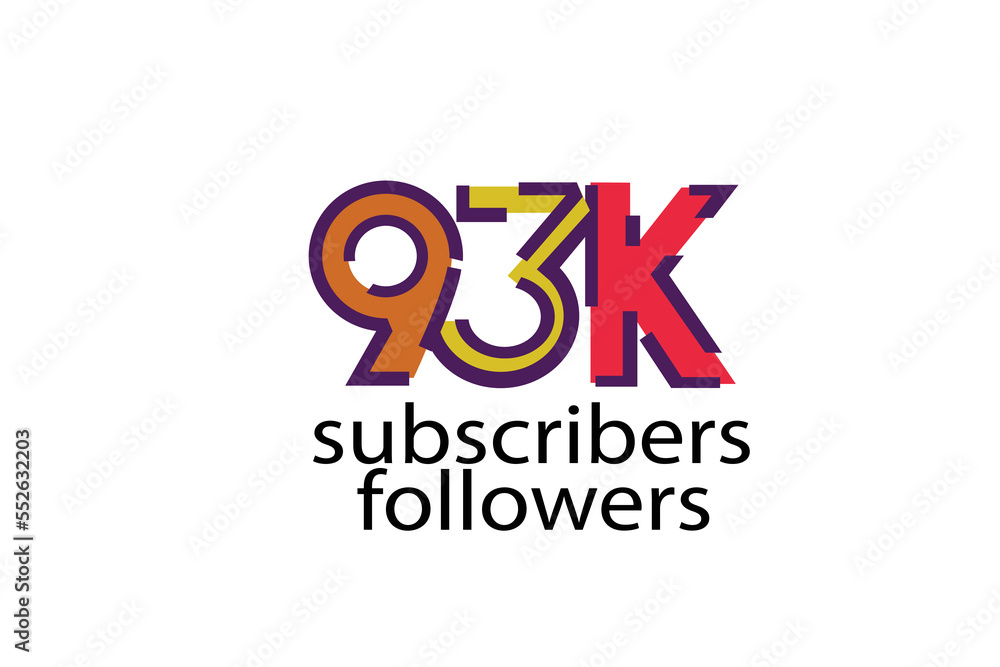 93K, 93.000 subscribers or followers blocks style with 3 colors on white background for social media and internet-vector 93K, 93.000 subscribers or followers blocks style with 3 colors on white background for social media and internet-vector