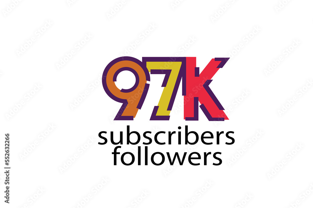 Obraz premium 97K, 97.000 subscribers or followers blocks style with 3 colors on white background for social media and internet-vector