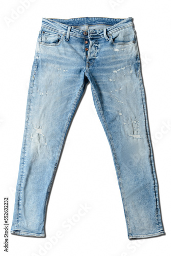 Ripped blue jeans on a white background.