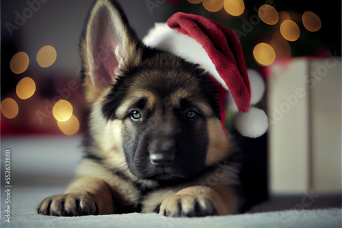 German Shepherd Puppy Wearing Santa's Hat. Generative ai photo