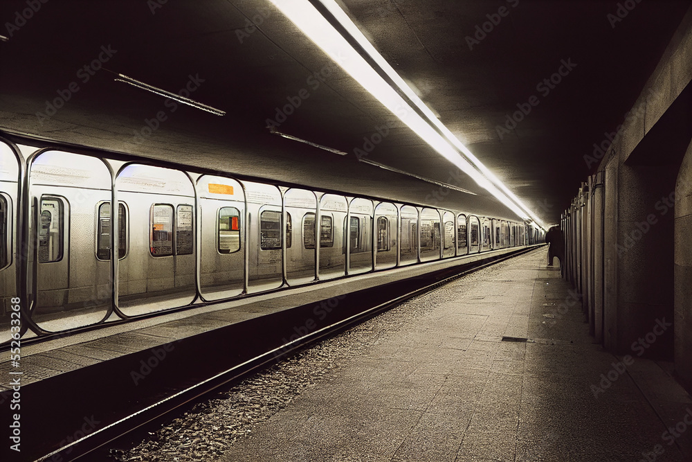 Subway underground tunnel with blurry rail tracks in metro gallery