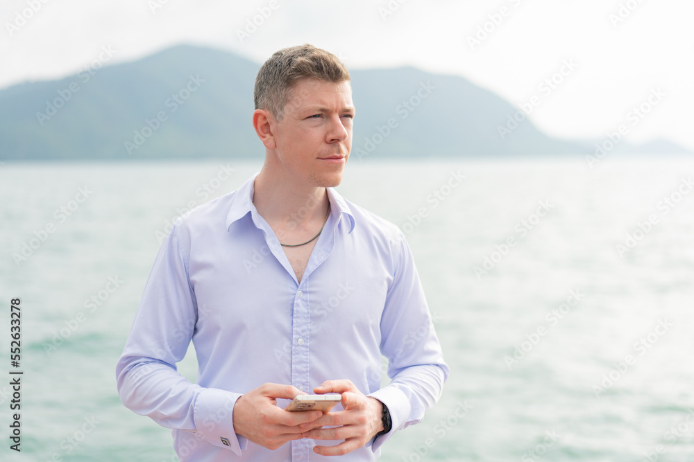traveler of cruise yacht with background of sea and white sky.