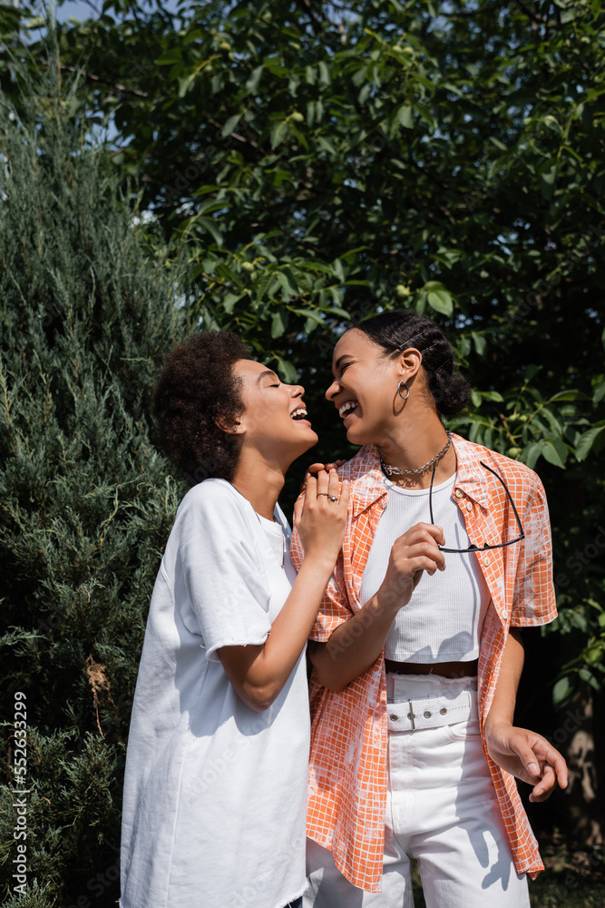 curly african american woman hugging lesbian partner with stylish sunglasses in green park.