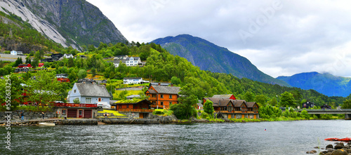 Norway. Eidfjord is the administrative centre of Eidfjord municipality in Vestland county. The village is located on the shore of the Eid Fjord. photo