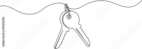 continuous single line drawing of set of keys on key ring, line art vector illustration photo