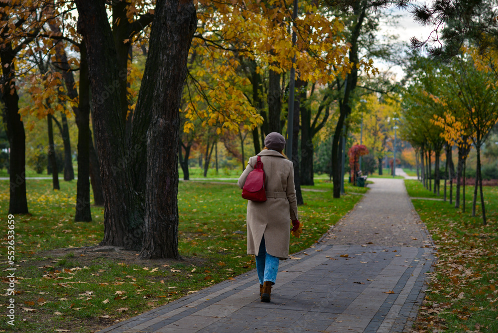 A lonely woman walks along the path of the autumn park.
