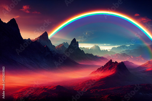 A fantasy alien landscape with rocky peaks and vibrant colorful galaxy sky