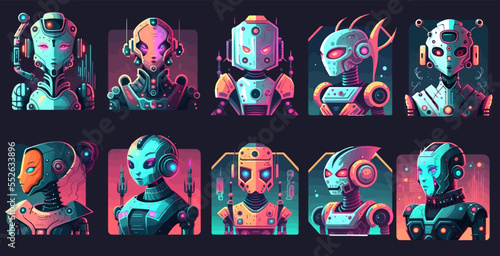 Robots set with cute screen faces. Futuristic smart androids. Flat illustration isolated on black background	