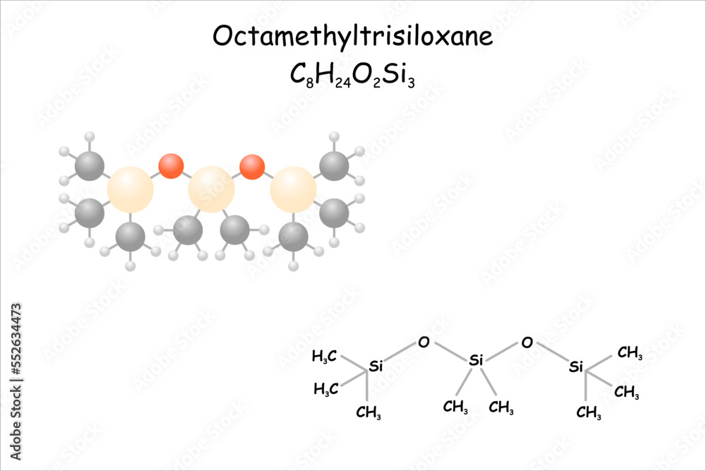 Stylized molecule model/structural formula of octamethyltrisiloxane. Use in cosmetic industry. Stylized molecule model/structural formula of octamethyltrisiloxane. Use in cosmetic industry.