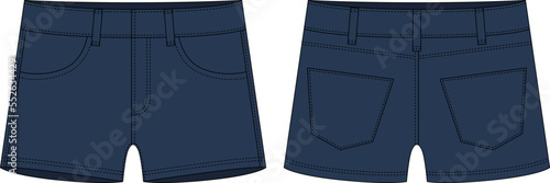 Denim short with pockets technical sketch. Dark blue color. Kids jeans shorts design template.