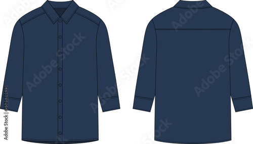 Oversized shirt with long sleeves and buttons technical sketch. Dark blue color.
