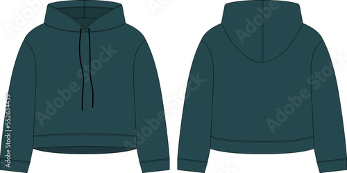 Women crop hoodie technical sketch. Dark green color. CAD mockup template hoody.