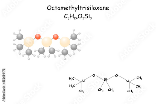 Stylized molecule model/structural formula of octamethyltrisiloxane. Use in cosmetic industry.