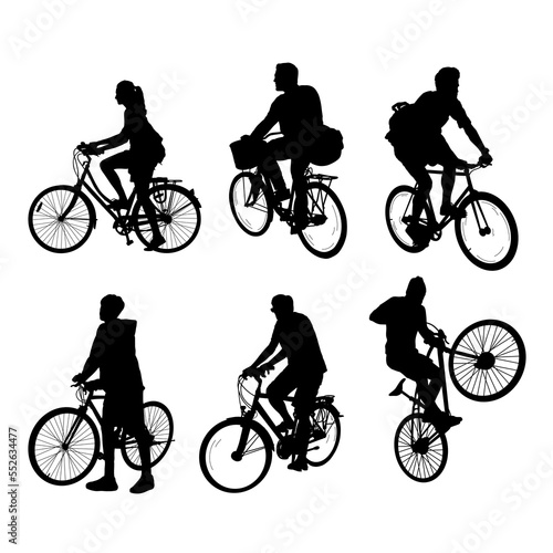 Set of silhouettes of people cycling in the city