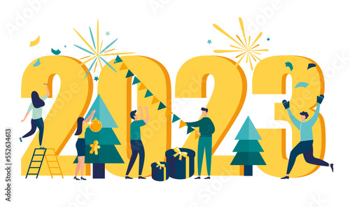 2023 new year welcome. people are preparing for the New Year, are engaged in decoration, the inscription New Year 2023. Vector illustration little people