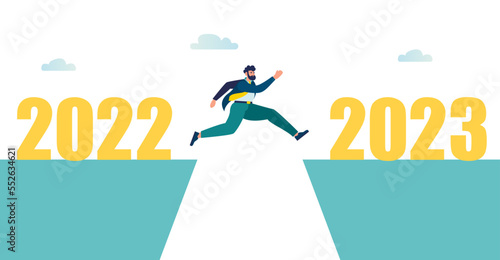 man businessman jumping from a cliff 2022 in the new year 2023 over the abyss. Symbol of the new year 2023. flight over the abyss. vector illustration