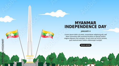 Myanmar independence day background with independence monument garden and waving flag
