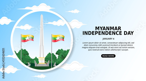 Myanmar independence day background with photo of independence monument garden and flag
