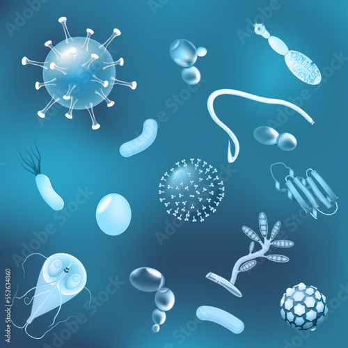 bacteria, fungi and viruses with glowing effect. pattern. Vector background
