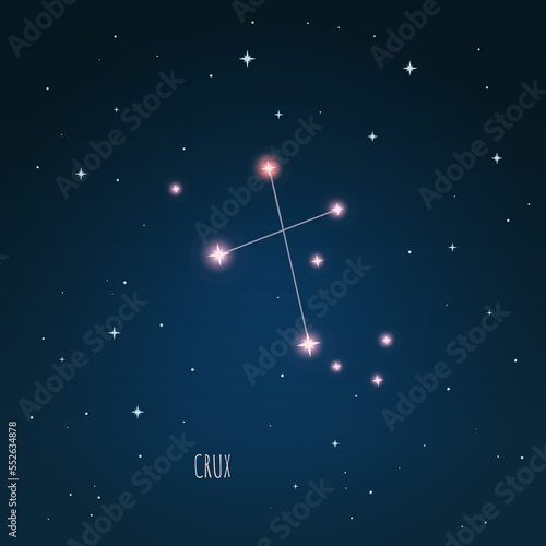 Constellation Crux scheme in starry sky. Open space. Vector illustration Crux, constellation  through a telescope