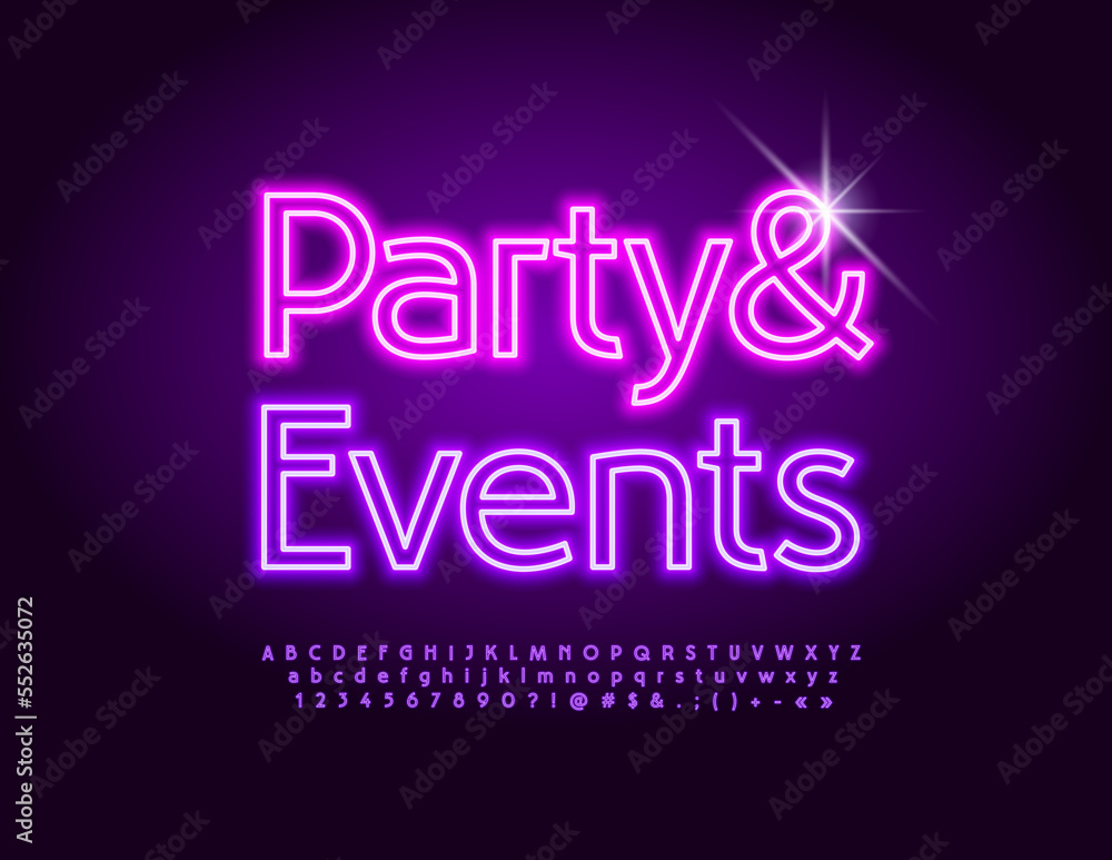 Vector glowing flyer Party and Events. Neon purple Font. Electric Led Alphabet Letters, Numbers and Symbols set Vector glowing flyer Party and Events. Neon purple Font. Electric Led Alphabet Letters, Numbers and Symbols set