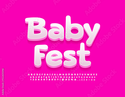 Vector cute emblem Baby Fest white 3D Font. Modern creative Alphabet Letters, Numbers and Symbols