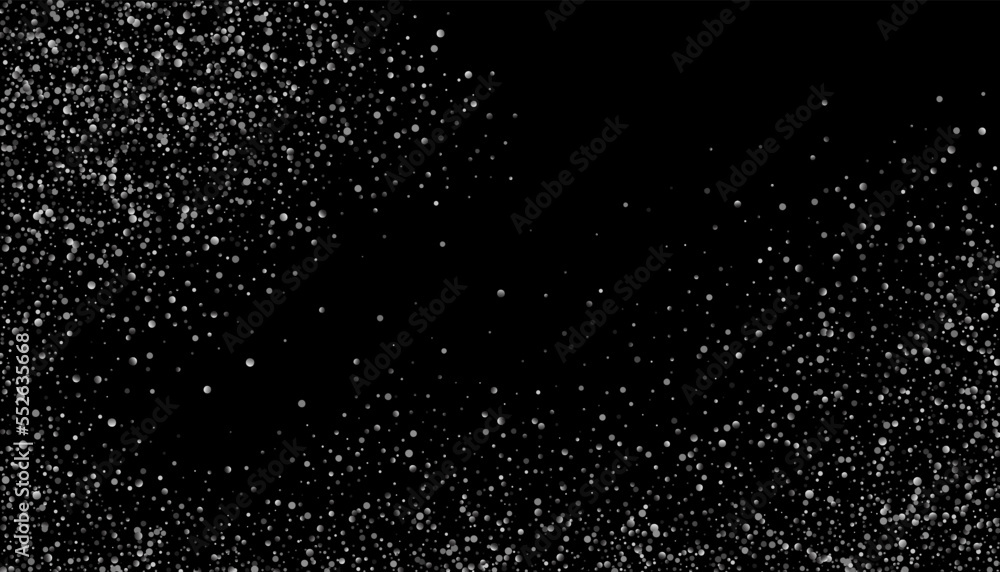 Silver glitter confetti on a black background. Gray gradient particles scattered, sand. Decorative element. Luxury background for your design, postcards, invitations, vector
