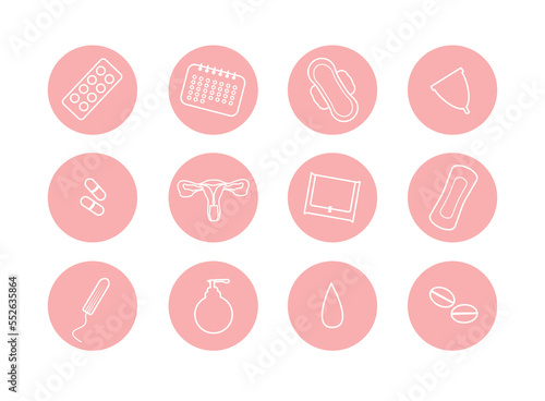 Set of icons with elements of feminine hygiene during the menstrual cycle