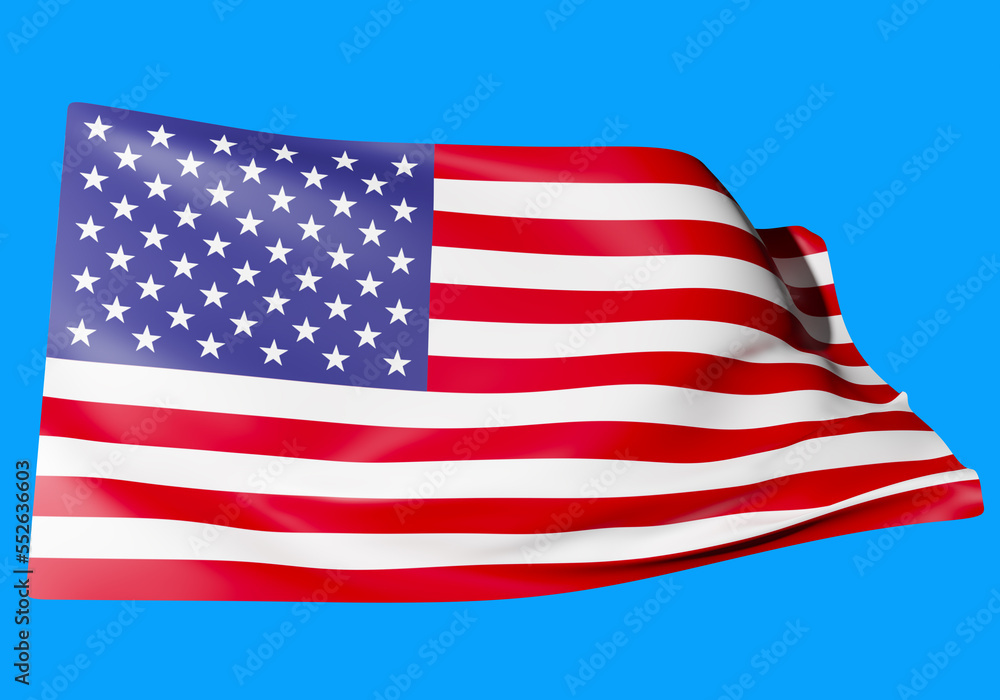 Fototapeta premium USA flag. Starry striped flag of the United States of America. Flagpole against the sky. US state symbols. Banner flutters in the wind. 3d image