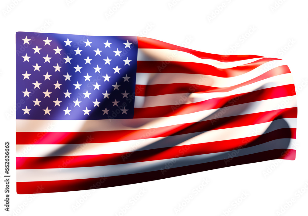 Fototapeta premium USA flag. Starry striped flag of the United States of America. Flagpole and flag isolated from background. US state symbols. Banner flutters in the wind. 3d image