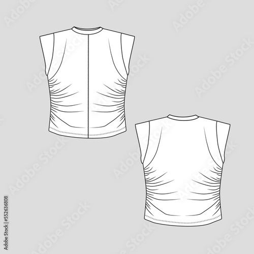 Cap Sleeve Shirred gathering ruched top Crew neck gathering fashion flat sketch drawing template design