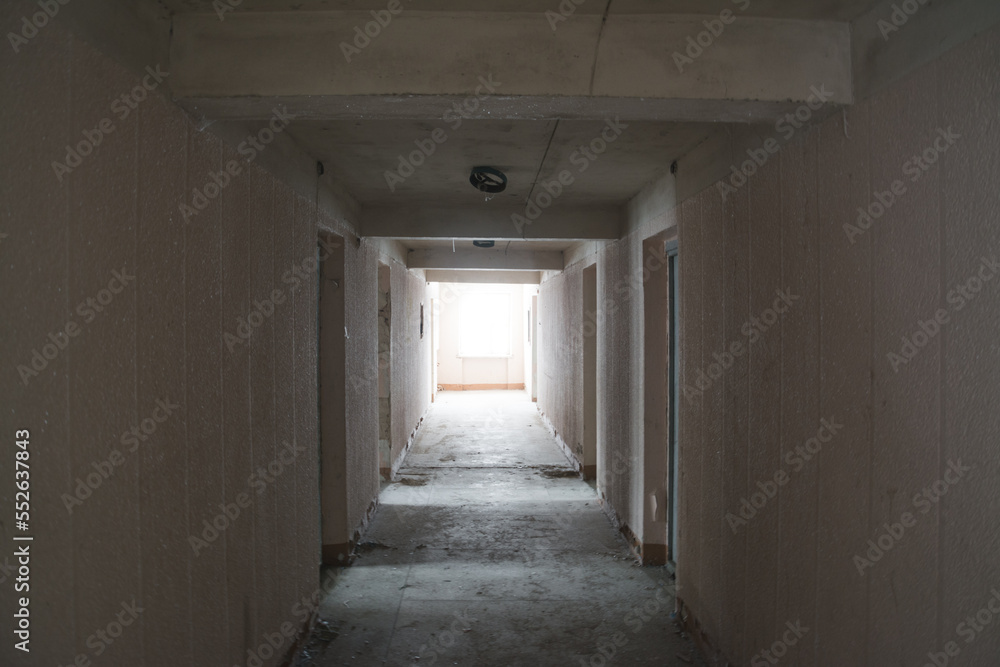 A long corridor in an abandoned