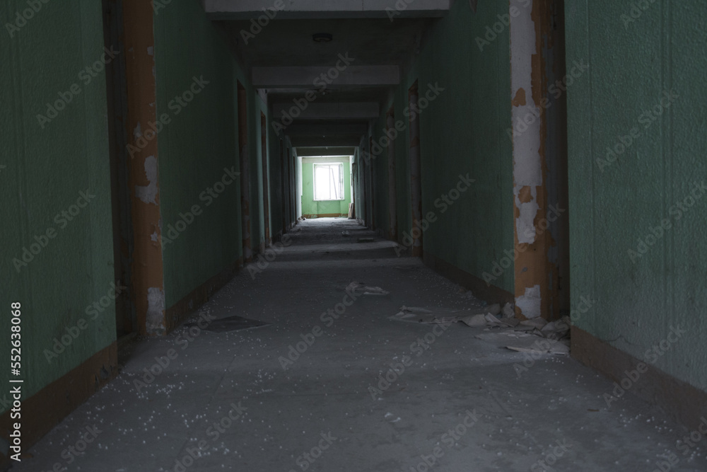 A long corridor in an abandoned