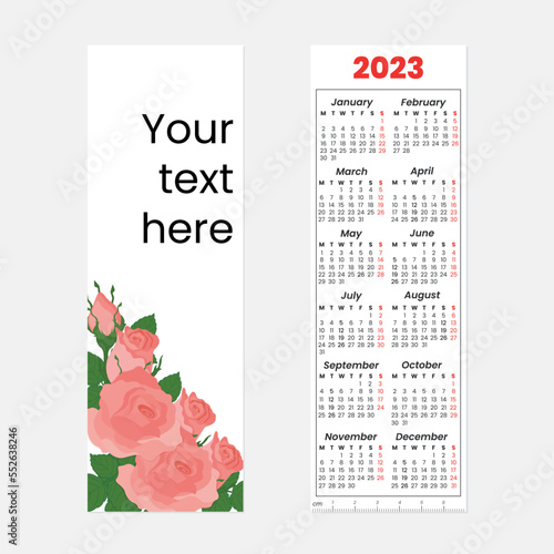 Bookmark with pink roses and calendar