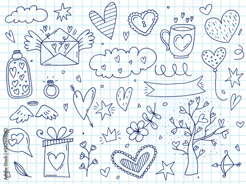 Big set of cute hand-drawn doodle elements about love. Message stickers for apps. Icons for Valentines Day, romantic events and wedding. A checkered notebook.